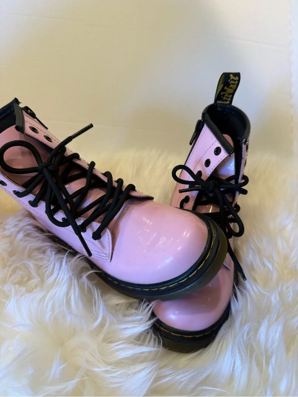 Dr. Martens Pink Patent Lace-Up Combat Boots with Black Laces kids